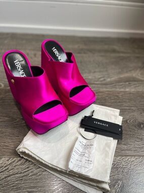 VERSACE Hot Pink Satin Platform Slide Wedges (Size 36.5)